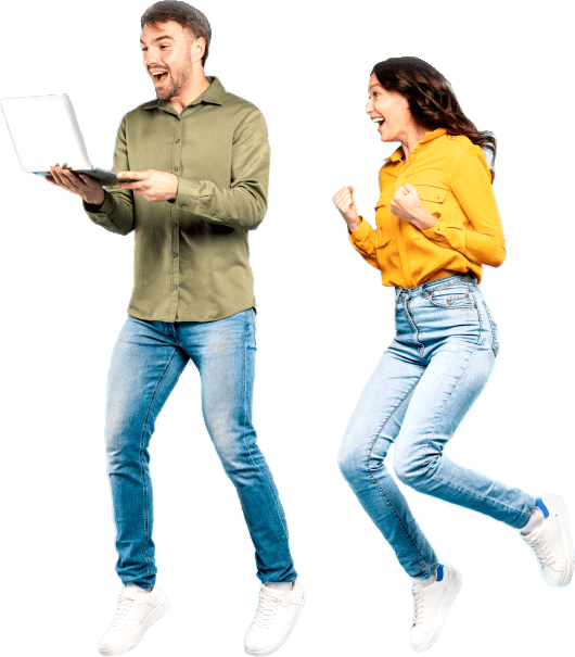 Man and women jumping in the air excitedly