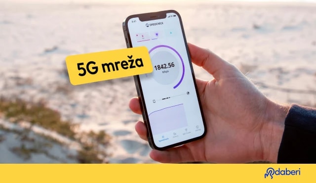 Person holding a smartphone with speed test, 5G network